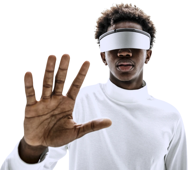 man wearing smart glasses touching virtual screen